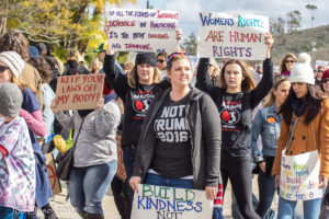 Thousands of people participated in the Women’s March North County San Diego in conjunction with marches held around the country and around the world reacting to fears about what may happen with the Trump administration, his new cabinet and the Republican congress. They expressed concerns about women’s reproductive rights, healthcare, immigrants’ rights, the environment and more. The march went from the San Marcos Civic Center to the Palomar College campus where there was a rally with speakers as well as booths for various political organizations. January 21, 2017. Joe Dusel Photographer.